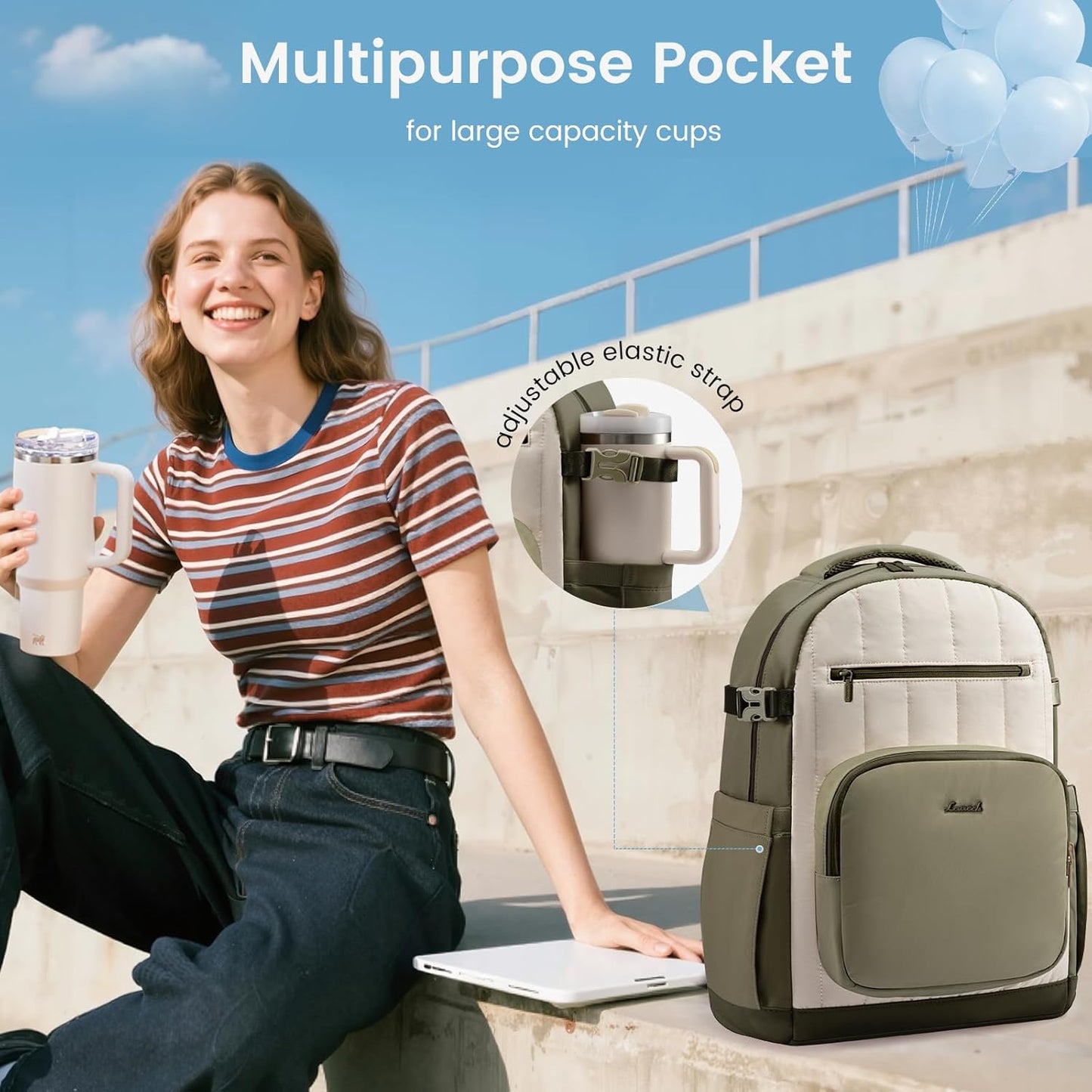 LOVEVOOK Laptop Backpack Women with Pouch Pocket for Large Capacity Cup,15.6 Inch Lightweight Puffer Computer Laptop Bag Travel Backpack Purse for Work College Teacher Personal Item,White-Green-Black