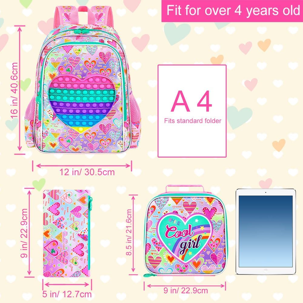 AGSDON 3PCS Kid Backpacks for Girls, 16" Kids Backpack with Lunch Box, Girl Bookbag for School Elementary