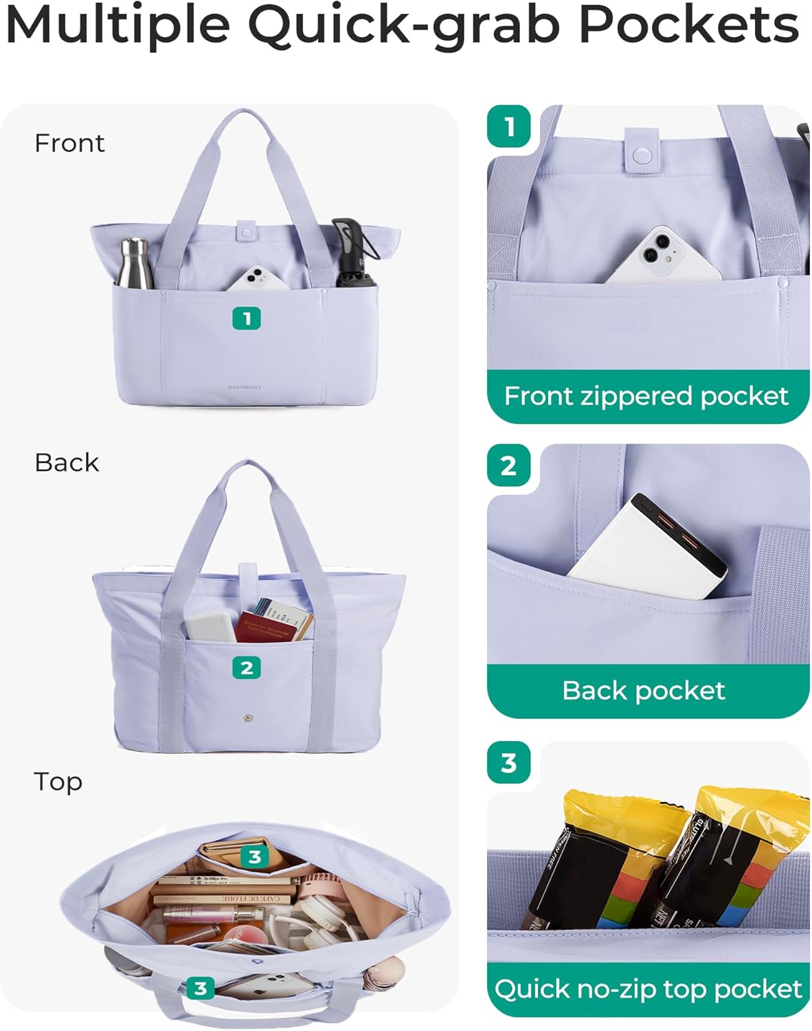 BAGSMART Tote Bag for Women, Foldable Tote Bag With Zipper Travel Large Shoulder Bag Handbag for