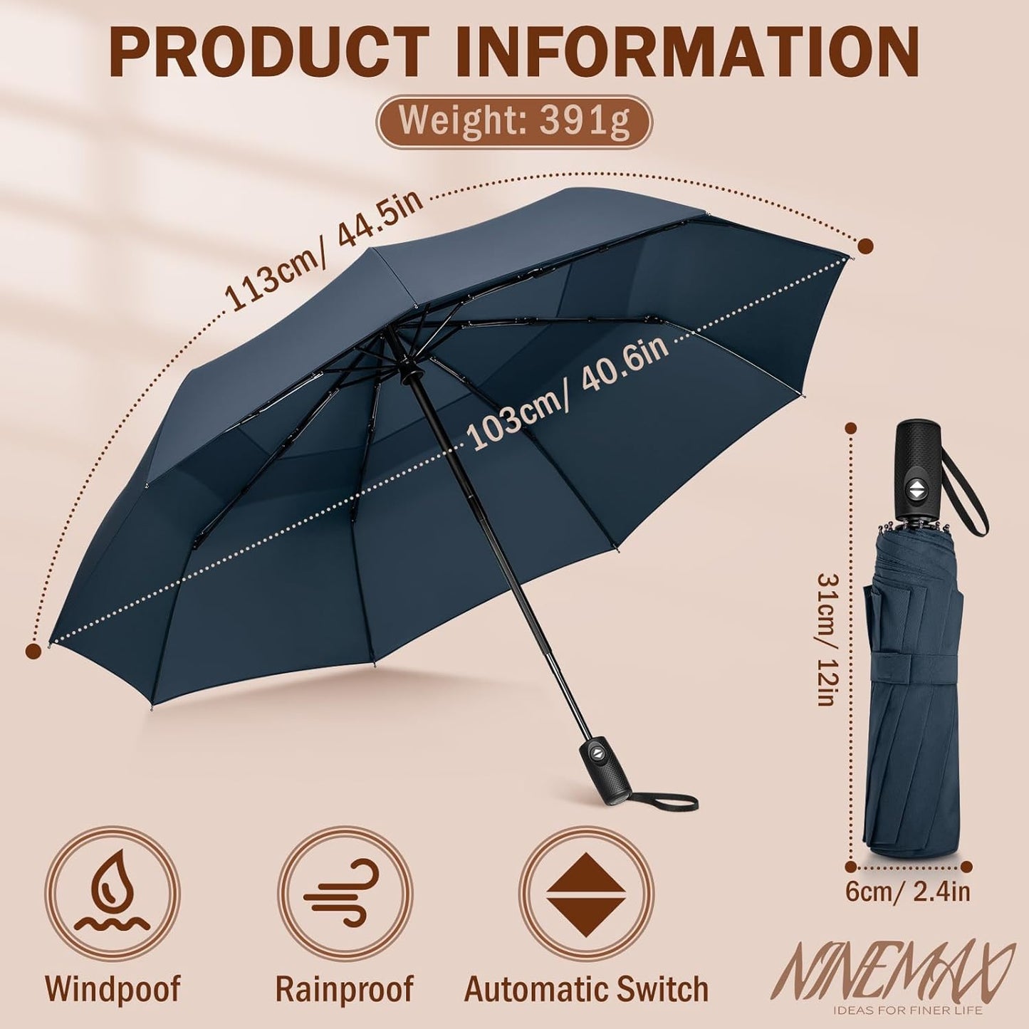 NINEMAX Windproof Travel Umbrella for Rain, Automatic Umbrellas Double Canopy Vented Compact for Men Women (Navy Blue)
