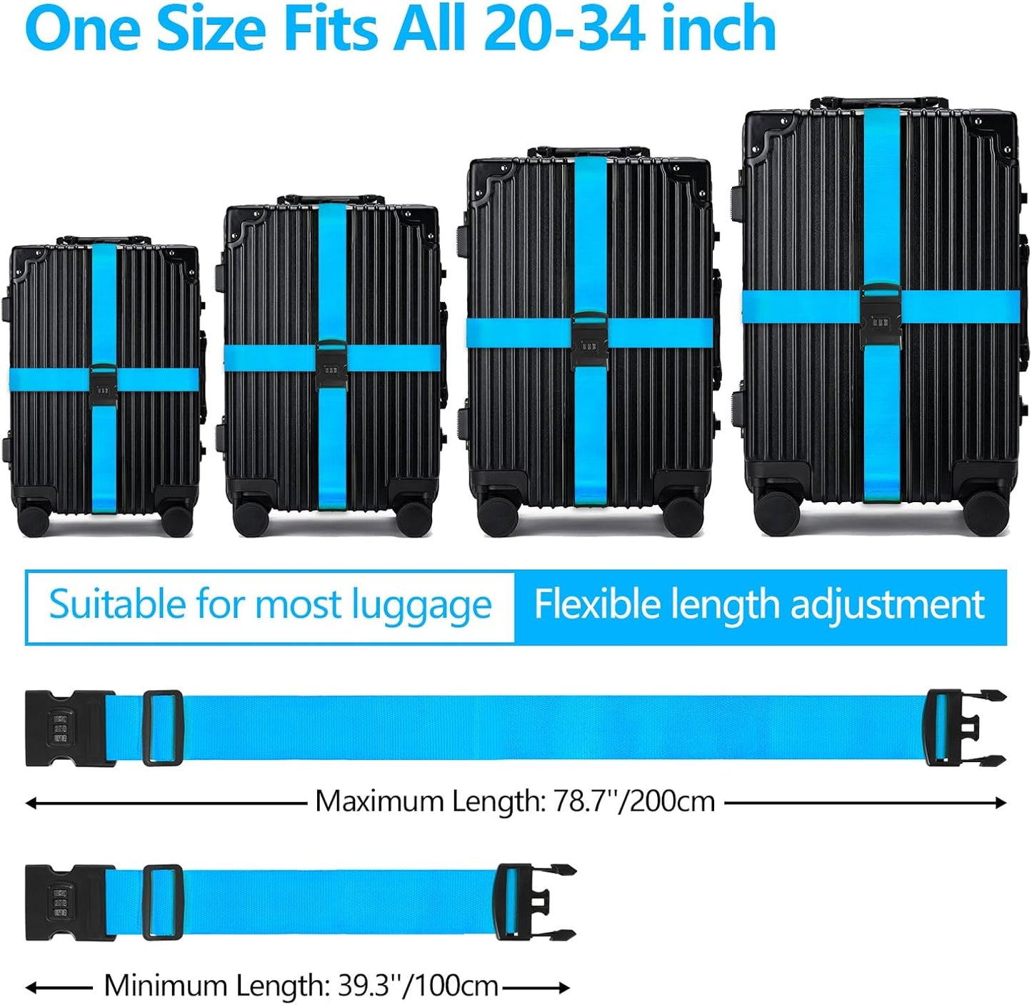 BILIONE 2 Pack Luggage Straps for Suitcases with Password Lock & Metal Airplane Tags, Adjustable Suitcase Belt & Travel Belt, Luggage Connector Straps to Connect Two Bags 20-34 Inch (Black)