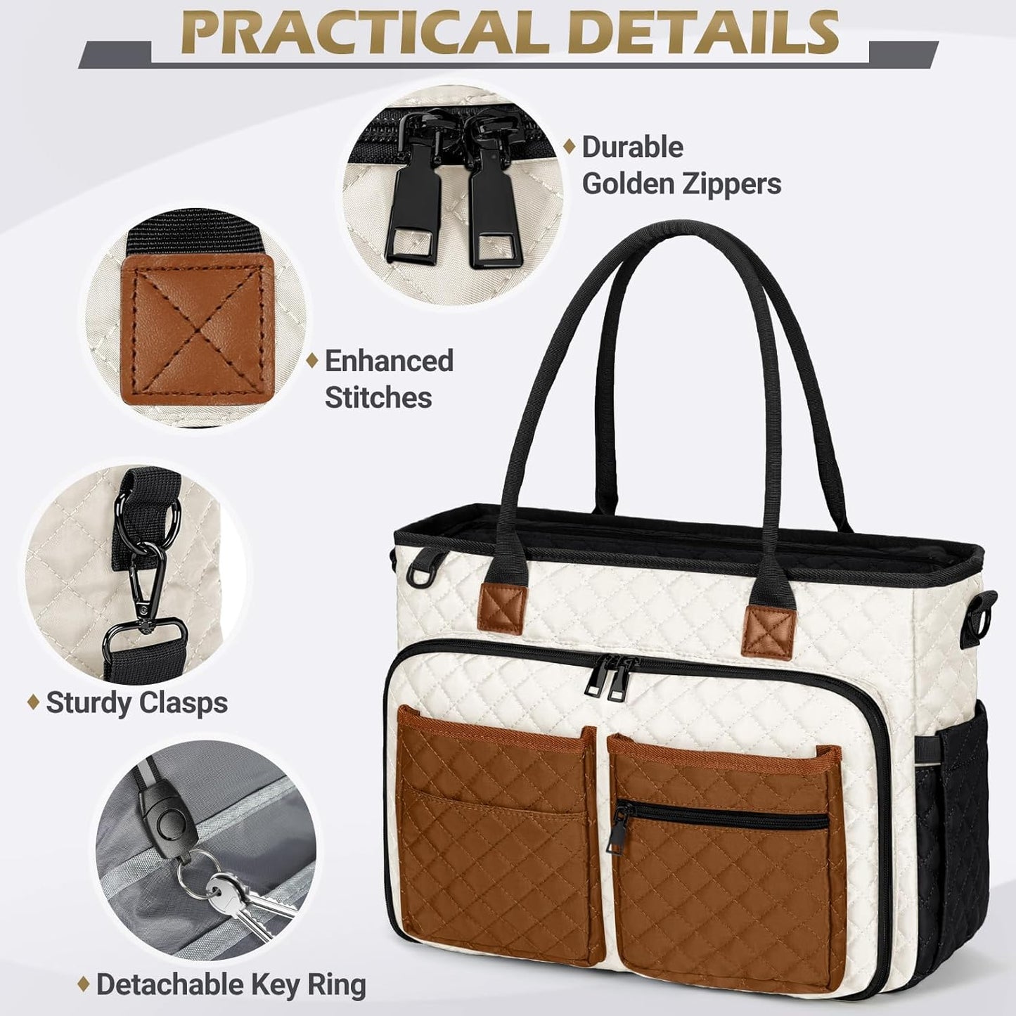 RAINSMORE Teacher Tote Bag 15.6 inch Laptop Bag for Women Work Bags Laptop Tote Nurse Bag Professional Computer Messenger with Insulated Pocket, Laptop Briefcase for Office, College,Black-white-brown