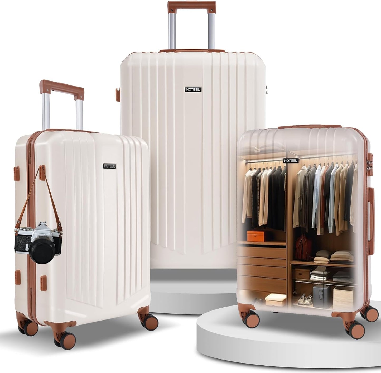 Hoteel 3-Piece Luggage Sets (4-YEAR WARRANTY) with Spinner Wheels, TSA Lock, 20 24 28 Inch Hardshell Suitcases for Travel, Lightweight Carry On & Checked Luggage Set （Beige）