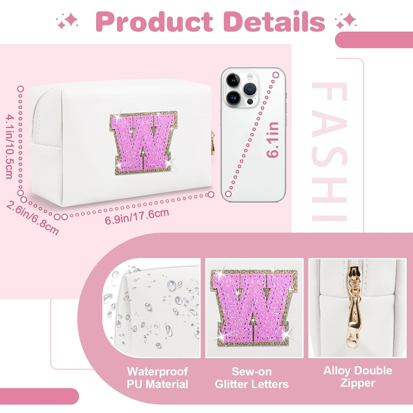 Small Initial Patch Makeup Bag Personalized Gifts Make Up Bag,White Cute PU Leather Glitter Letter Cosmetic Bag with Zipper,Trendy Portable Travel Toiletry Pouch,Preppy Stuff for Teen Girls Women W