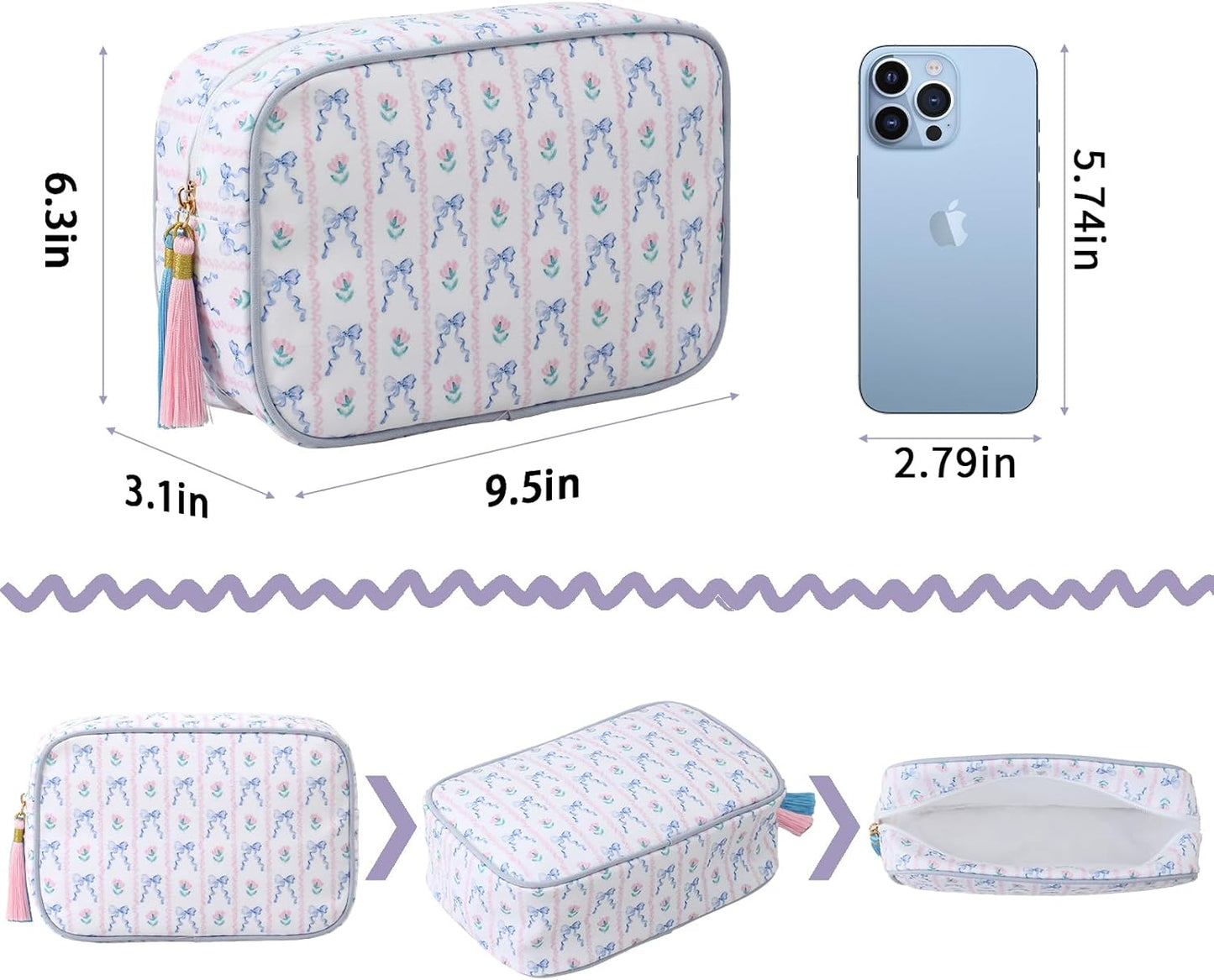 Stripe Makeup Bag Travel Cosmetic Bag Organizer Tassel Toiletry Bag Large Canvas Zipper Pouch and Accessories Storage Bag for Women