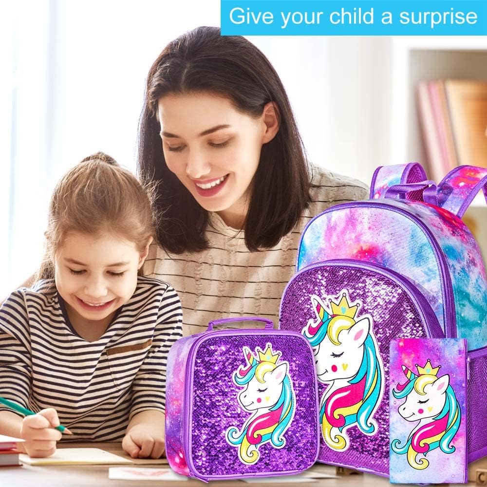 3PCS Girls Backpack, 16" Kids Sequins Unicorn Bookbag with Lunch Box, School Bags for Elementary Preschool Kindergarten - Purple