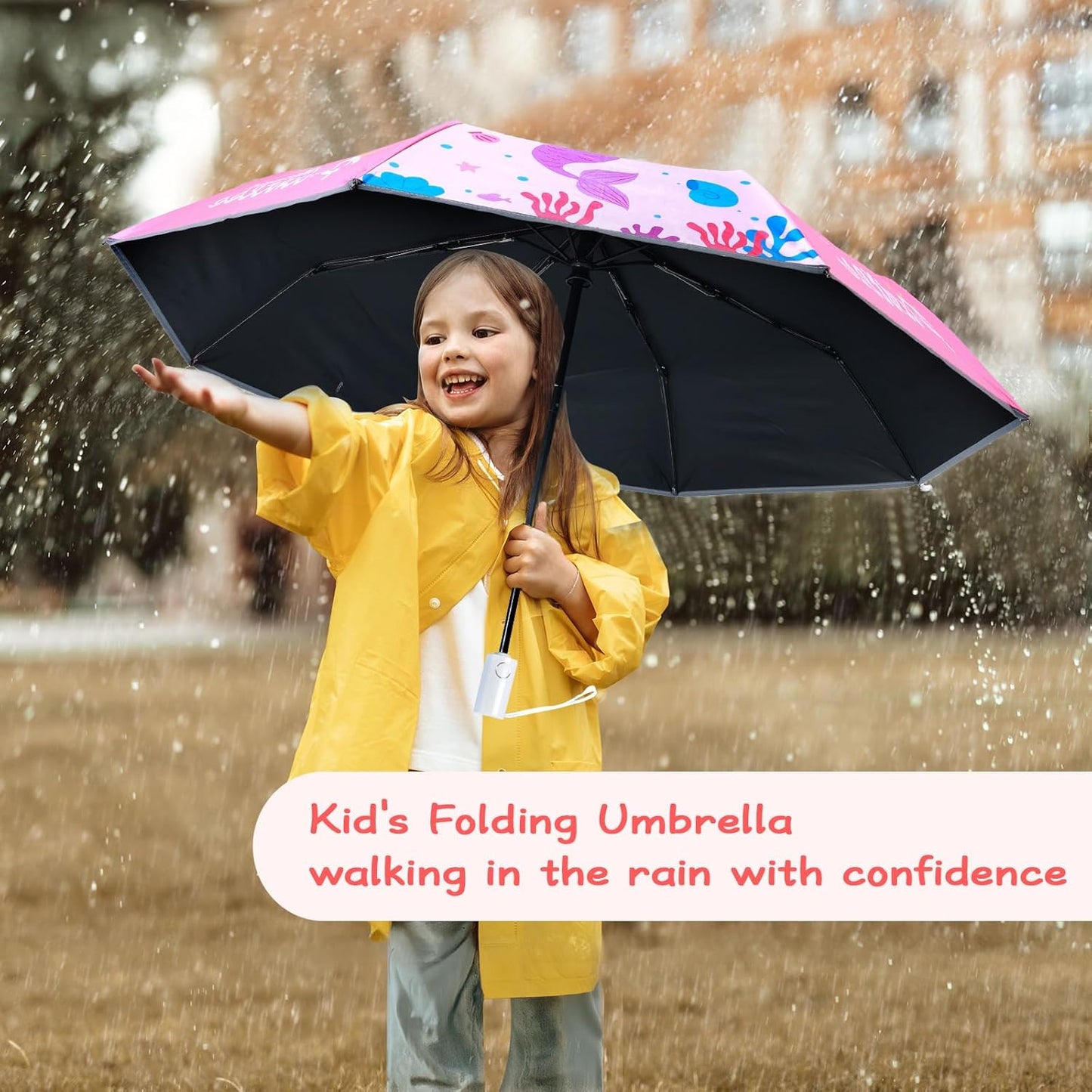 Kids Folding Umbrella Auto Open/Close Anti-rebound Safe Design UV Resistant Automatic Children Travel Umbrellas 8 Rib Reinforced Canopy 360° Reflective Strip Lightweight Cute Umbrella for Girls & Boys