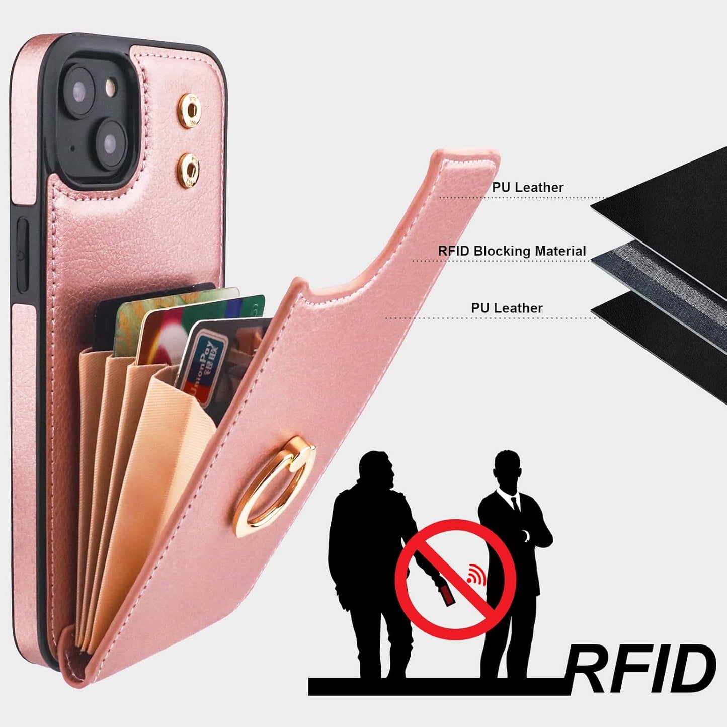 Folosu Compatible with iPhone 14 Plus Case Wallet with Card Holder, 360°Rotation Finger Ring Holder Kickstand, RFID Blocking Leather Protective Double Buttons Shockproof Cover 6.7 Inch Rose Gold