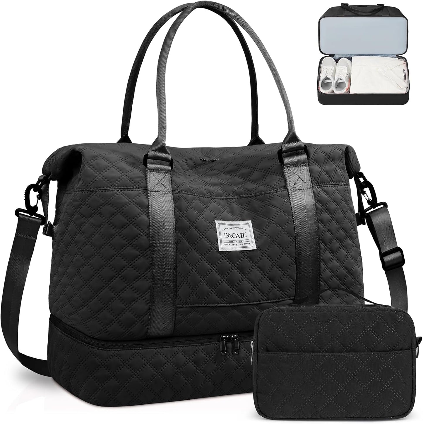 BAGAIL Travel Duffel Bag - Weekender & Overnight Gym Carry On Tote with Wet Pocket - Hospital Mom Bag for Labor and Delivery - Extra Large - Grid-Black