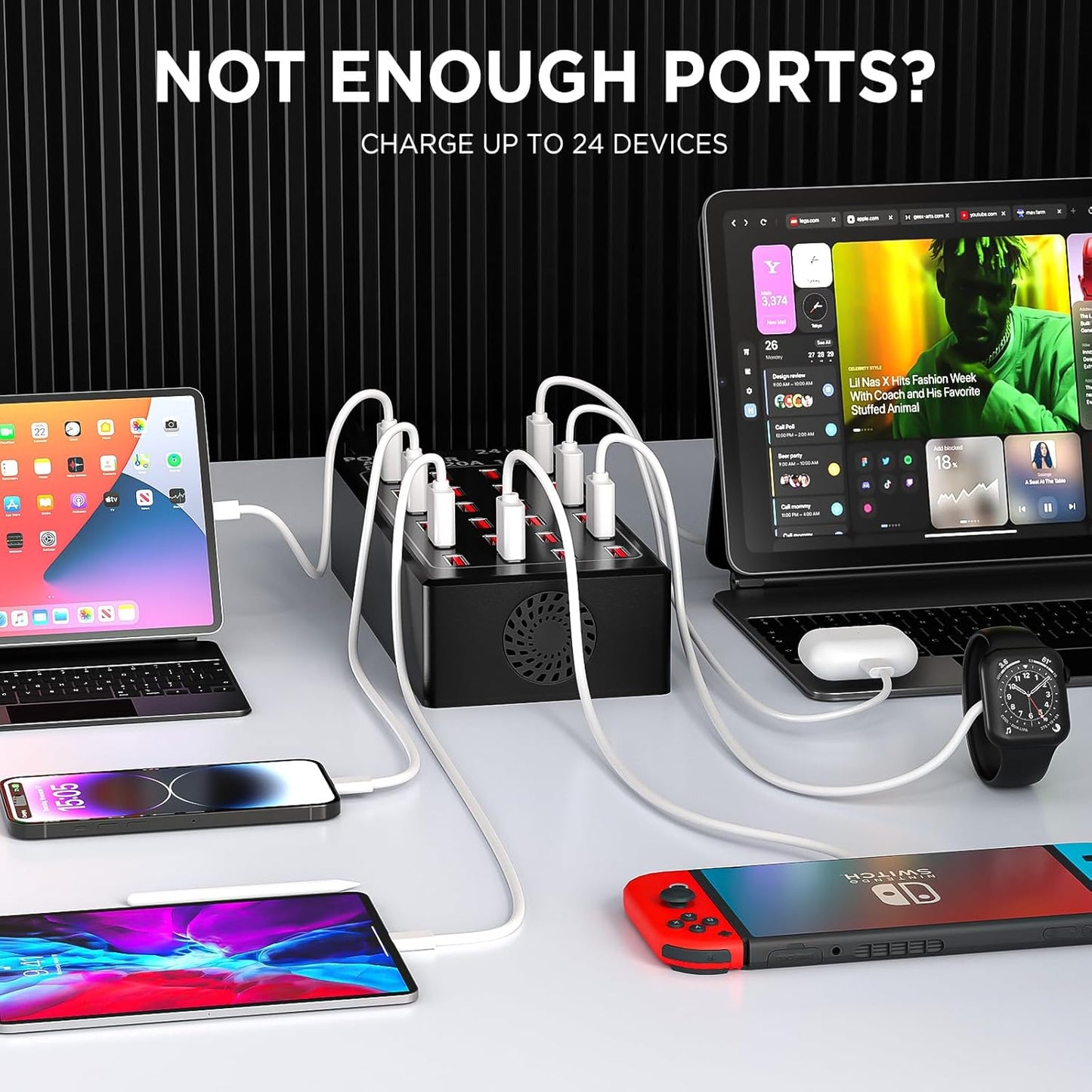 24-Port 100 watt (20 A) Charging Station for Multiple Devices, Phone Charging Station with Rapid Charging, Multiple USB Charger Station for Hotels, Schools, Shops, Shopping Malls and Travel