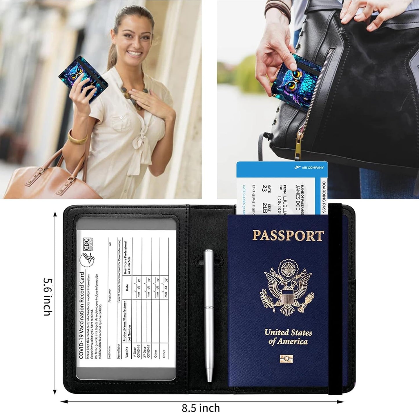 Passport and Vaccine Card Holder Cover Combo,Travel Passport Holder Wallet with RFID Blocking, Leather Vaccine Card Slot Passport Cover Case for Women & Men,Cute Purple Blue Owl