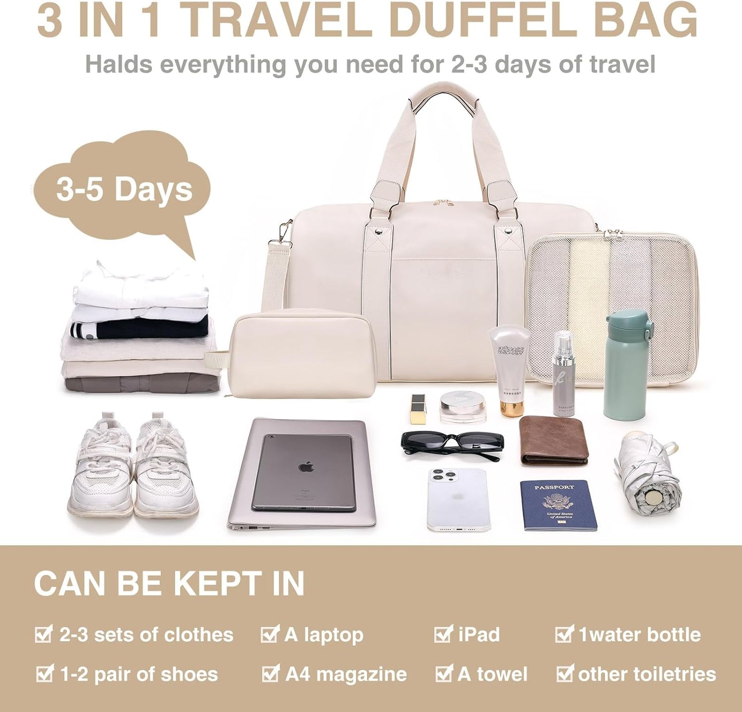 Weekender Bag for Women Men, Large Overnight Bag Faux Leather Travel Duffel Bag with Shoe Compartment Toiletry Packing Cube Carry On Bag Fit 21" Laptop 3Pcs Set (Beige)