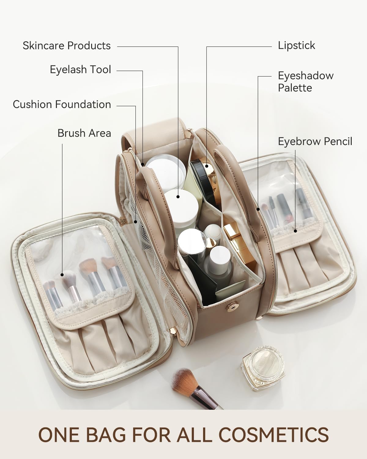 Prite Makeup Bag for Women, Large Capacity Waterproof Travel Cosmetic Organizer, Portable Open Flat Toiletry Bag with Free-standing Brush Holder and Handle(Cow Print Medium)
