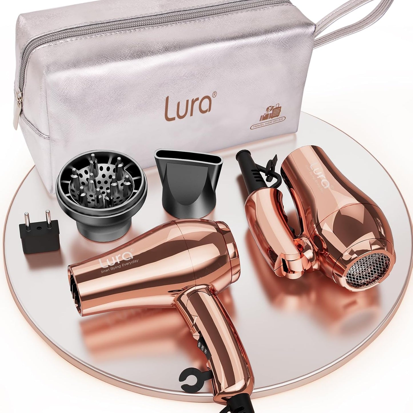 LURA Mini Portable Travel Hair Dryer:Dual Voltage Small Lightweight Blow Dryer with EU Plug,1200W Compact Hairdryer with Folding Handle,with Concentrator&Diffuser Attachment,for Women and Men