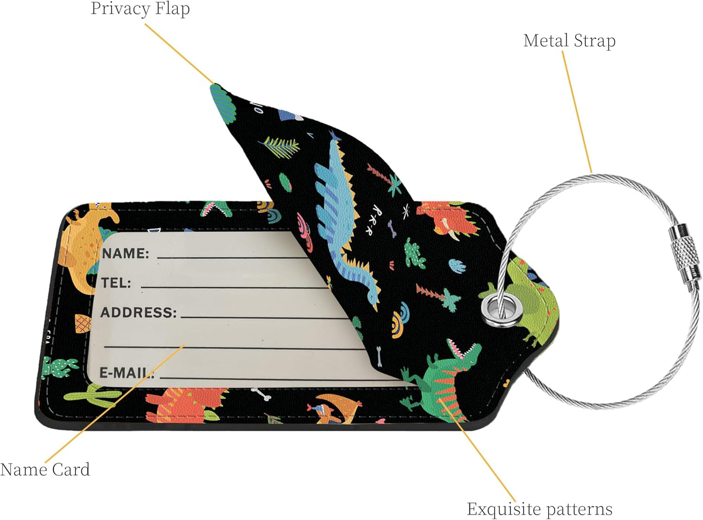 2 Pcs Luggage Tags for Suitcase, Cute Unique PU Leather Travel Bag Tag with Privacy Cover ID Label Address Card and Durable Metal Ring Suitable for Men Women Children Backpack,Dinosaurs