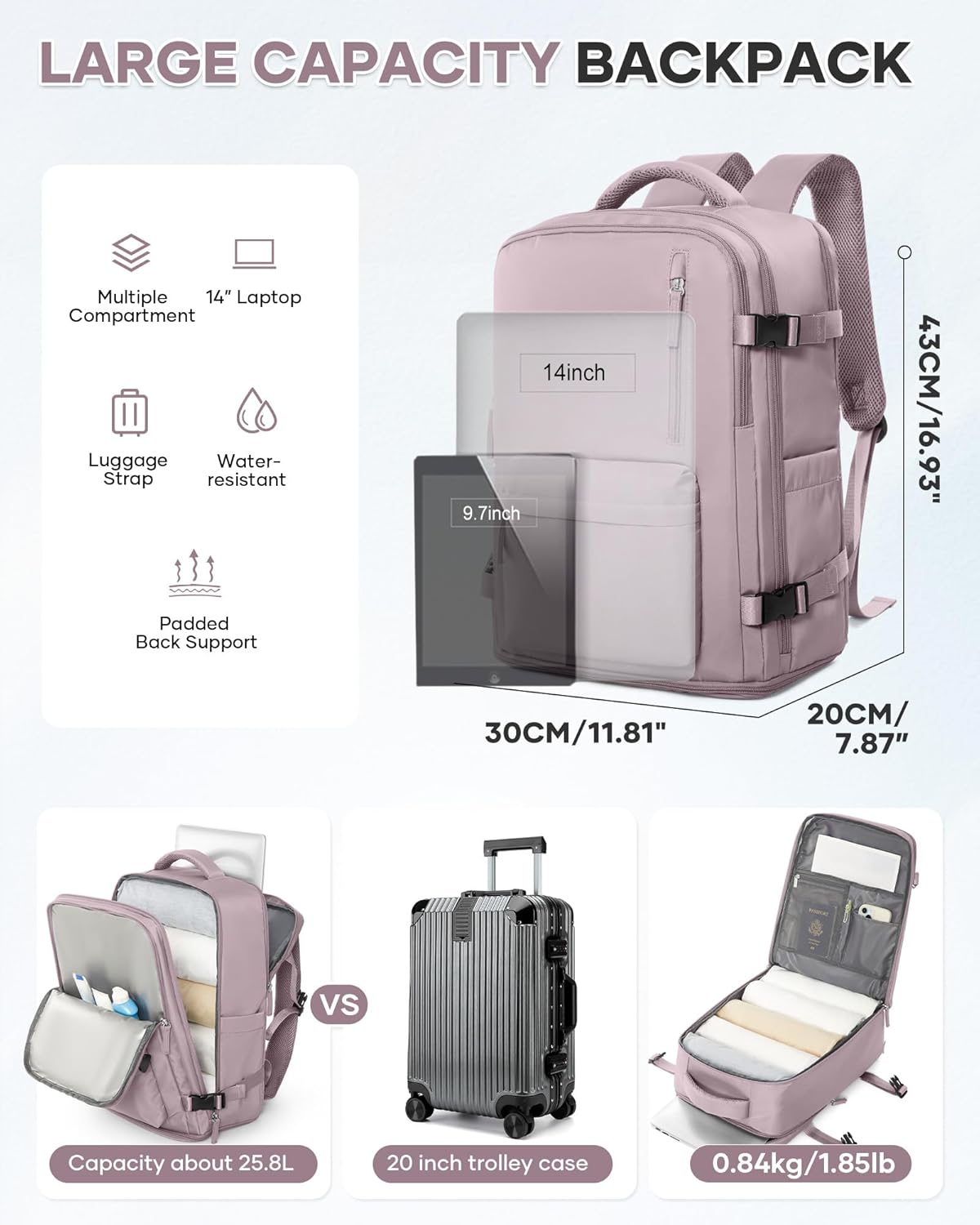 WONHOX Large Travel Backpack Carry on Flight Approved Laptop Work Business Backpack for Women Men Mochila de Viaje