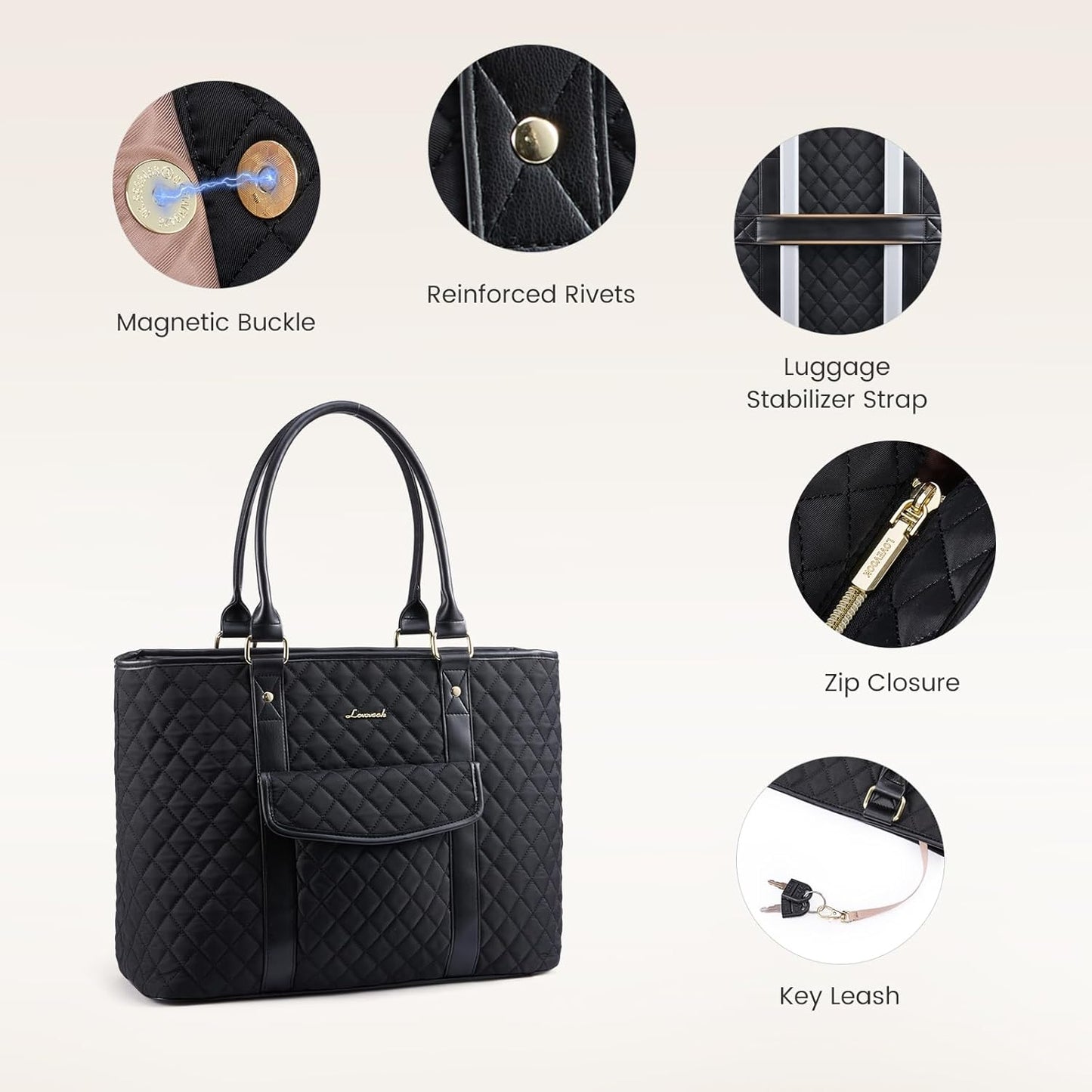 LOVEVOOK Laptop Tote Bag for Women 15.6 Inch,Waterproof Computer Bag for Laptop for Womens,Quilted Travel Work Tote Bags for Women,Stylish Laptop Bag Purse with Luggage Sleeve for Teacher,Nurse,Office