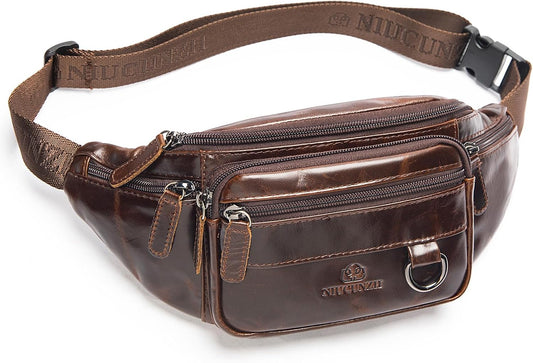 Genuine Leather Fanny Pack HandMade Durable cowhide Waist Bag Lots of Anti-theft zipper pocket Dark OilCoffee