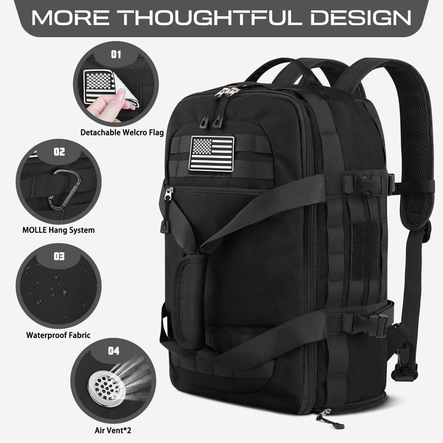 ETRONIK Gym Bags for Men Women, Tactical Duffle Bag Backpack with Shoe Compartment, 3 in 1 Carry on Travel Backpack with Wet Pocket, Weekender Overnight Range Bag for Workout Football Gym, Black