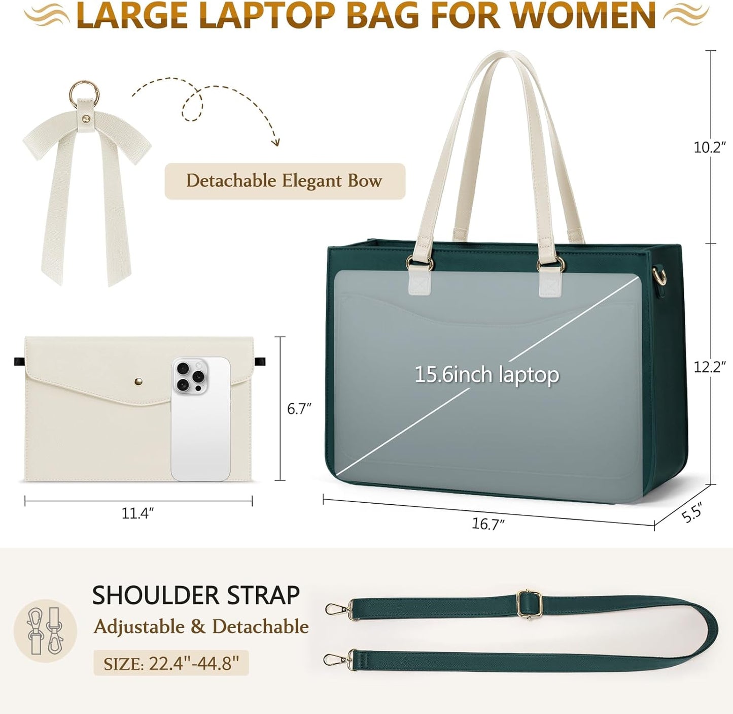 RAINSMORE Laptop Bag for Women 15.6 Inch Work Tote Bags Leather Laptop Tote Waterproof Computer Bag Professional Office Briefcase Large Handbag for College Teacher Travel, Beige and Green