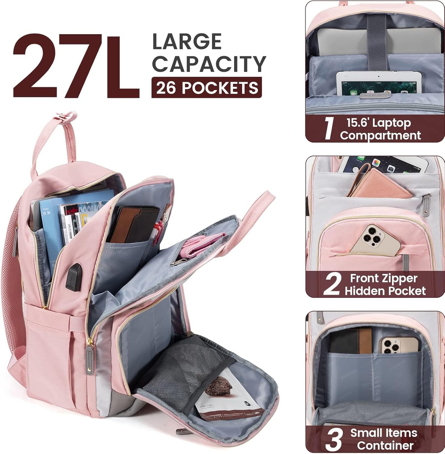 LOVEVOOK Backpack for Women,Laptop Backpack Women,Fits 15.6 Inch Laptop Bag,School Backpacks,Fashion Travel Work Anti-theft Bag,Waterproof Business Computer College Backpack Purse,Grey-Pink-Grey