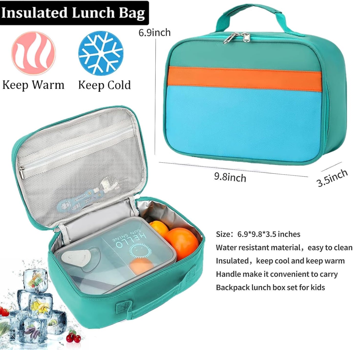 Kids Backpack Lunch Box Set Elementary School Backpacks 5-9 Years for Boys and Girls with Chest Buckle (Set Lake Green Blue, Large-17 H)