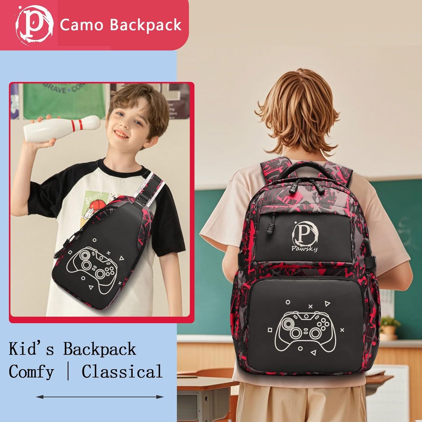 Kids Backpack for Boys Girls Elementary Primary Middle School Bags Cool Luminous School Backpack with USB Charging Port, College Bookbag Lightweight Laptop Bag with Sling Bag Set, Red