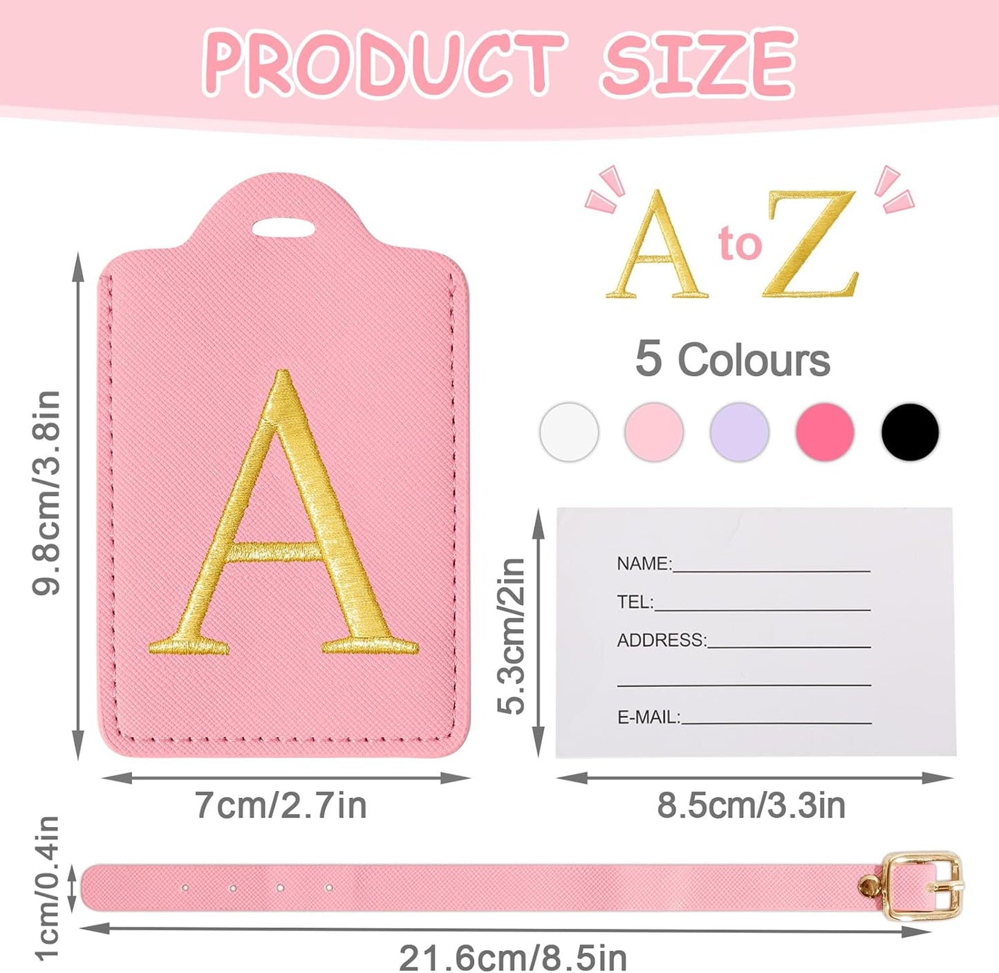Initial Luggage Tags for Suitcases, Cute Embroidered Letter Luggage Bag Suitcase Identifier Name Baggage Tag, PU Leather Travel Luggage Tags, Bag Tags for Men Women Kids Luggage Handbags(Pink A)