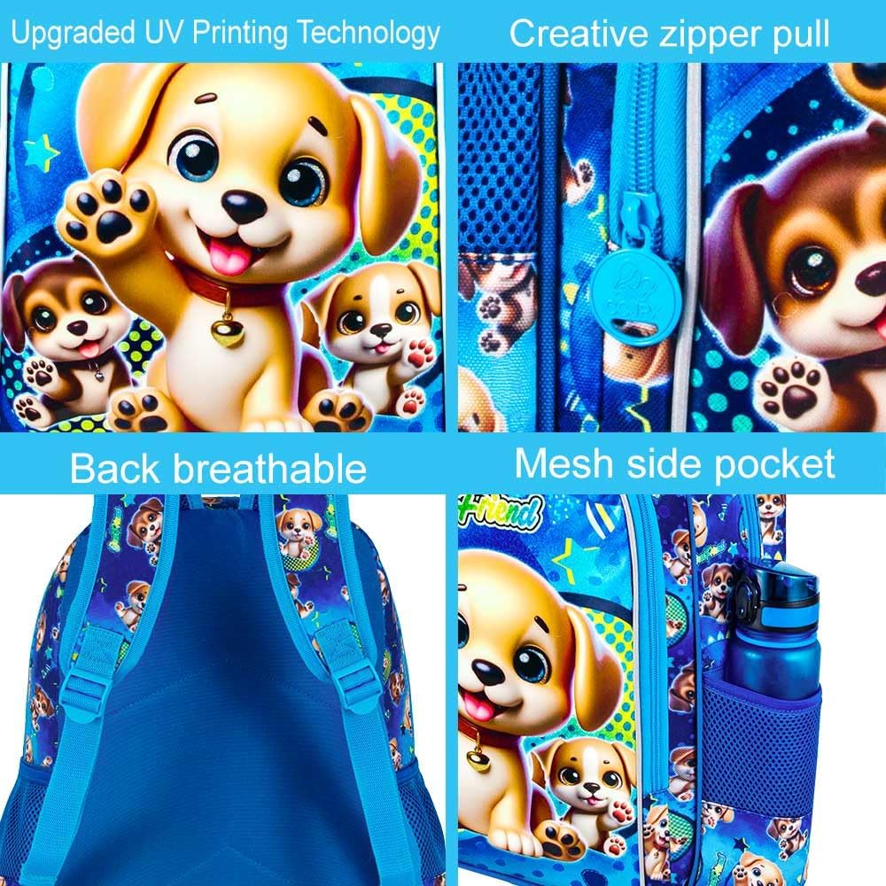 3PCS Backpack for Boys, 16" Kids Dog Backpacks Water Resistant for Elementary Preschool, Boy Bookbag with Lunch Box