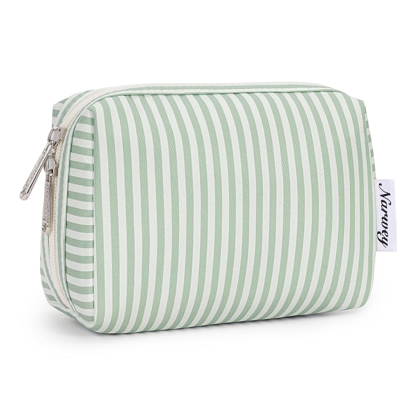 Narwey Small Striped Makeup Bag for Purse Mini Cosmetic Bag Travel Makeup Pouch Zipper Pouch Cute Make up Bags with Compartments for Women Girls (Mint Green Stripe, Small)