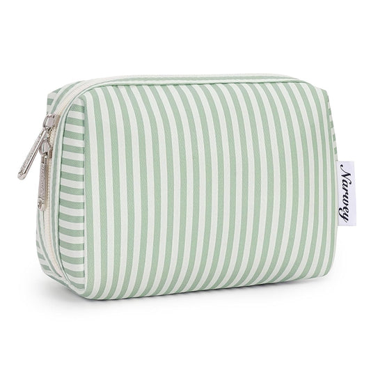 Narwey Small Striped Makeup Bag for Purse Mini Cosmetic Bag Travel Makeup Pouch Zipper Pouch Cute Make up Bags with Compartments for Women Girls (Mint Green Stripe, Small)