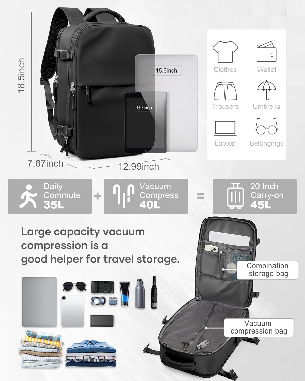 suwasp Vacuum Compression Backpack, 45L Expandable Travel Backpack with Electric Vacpack Pump