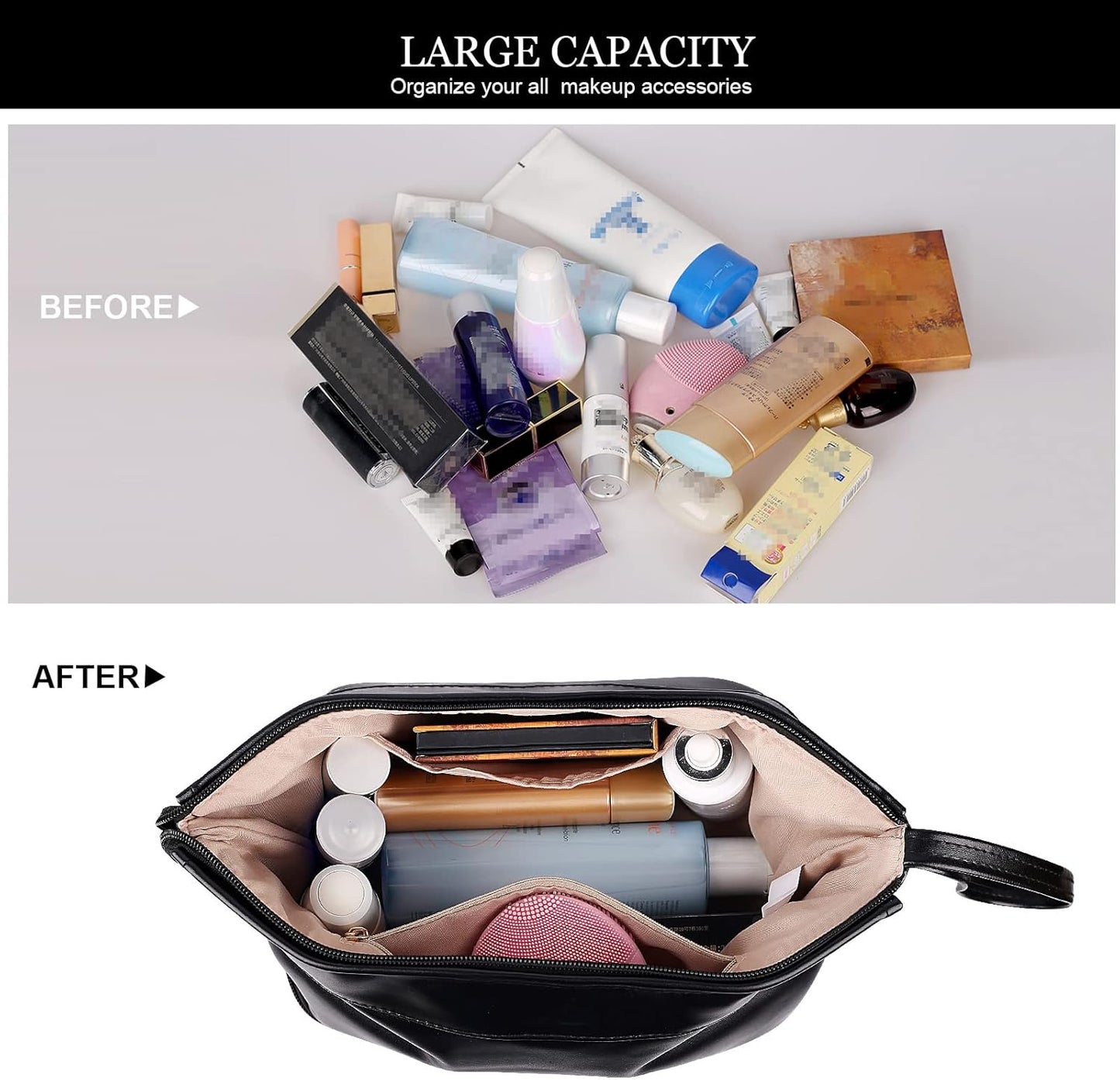 Abiudeng Large Capacity Makeup Bag Ladies Cosmetic Bag Travel Bag with Compartments Portable PU