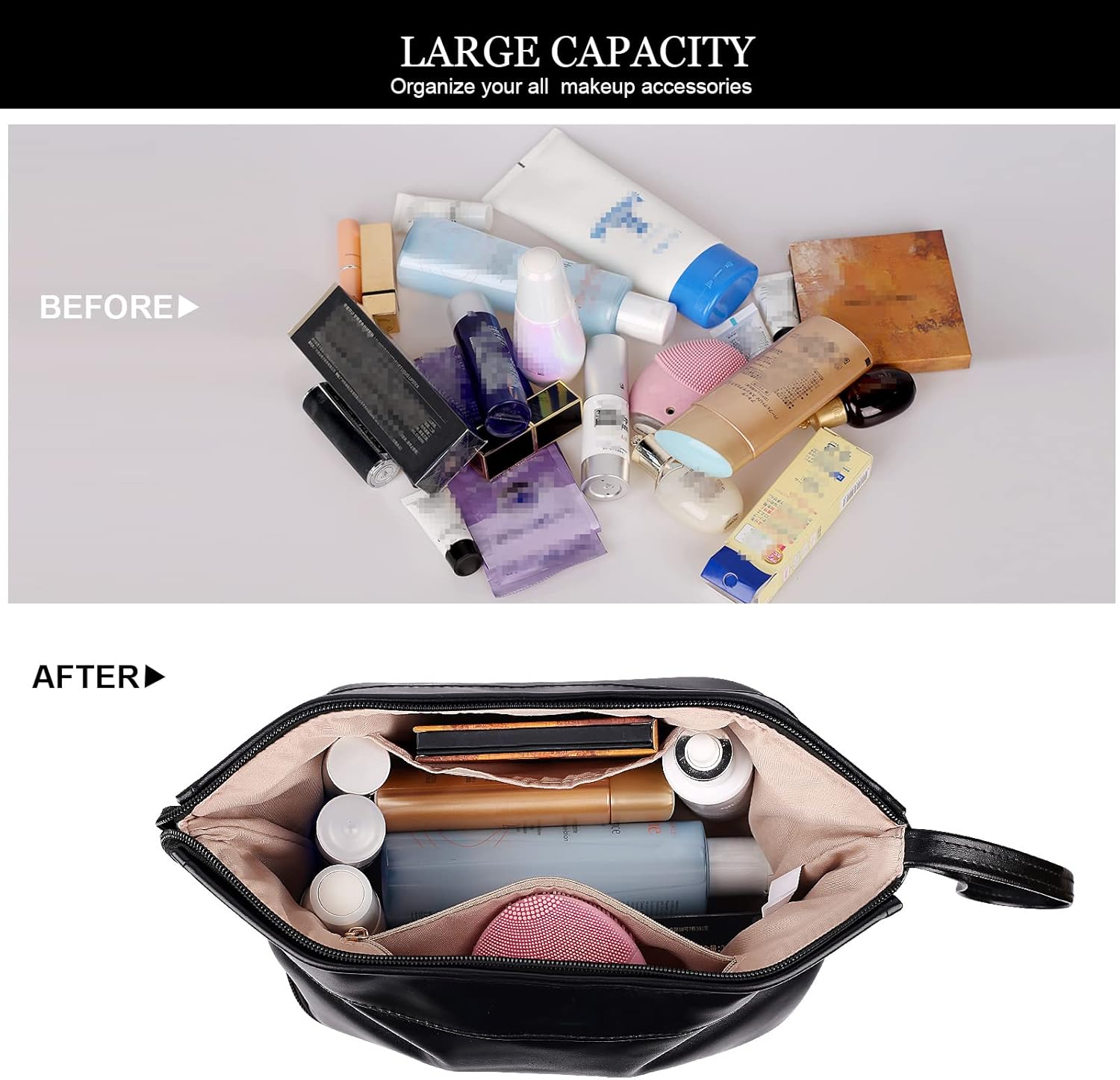 Abiudeng Large Capacity Makeup Bag Ladies Cosmetic Bag Travel Bag with Compartments Portable PU