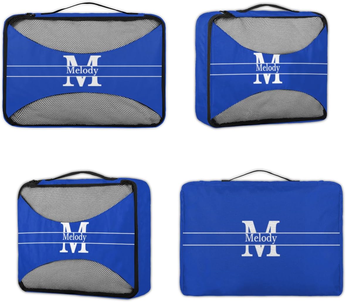 Custom 4 Packing Cubes Set, Lightweight Mesh Travel Luggage Organizers for Travel, 4 Pieces Suitcase Storage Bags, Navy Blue with Initial letter