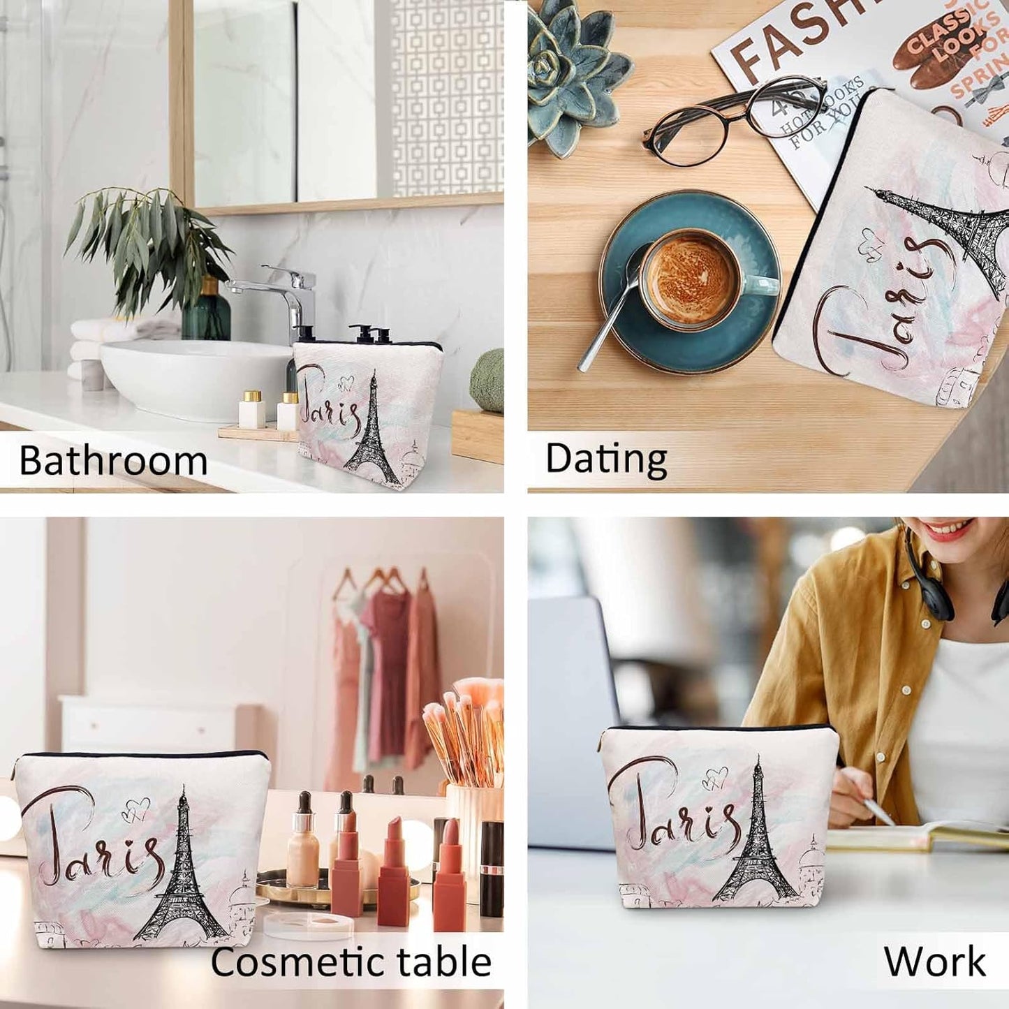 Women Cosmetic Bag Eiffel Tower, Watercolor Paris Eiffel Tower Cute Makeup Bag For Purse Cosmetic Travel Bag For Toiletries Makeup Storage Bag Flax Skincare Bag Make Up Pouch Bags