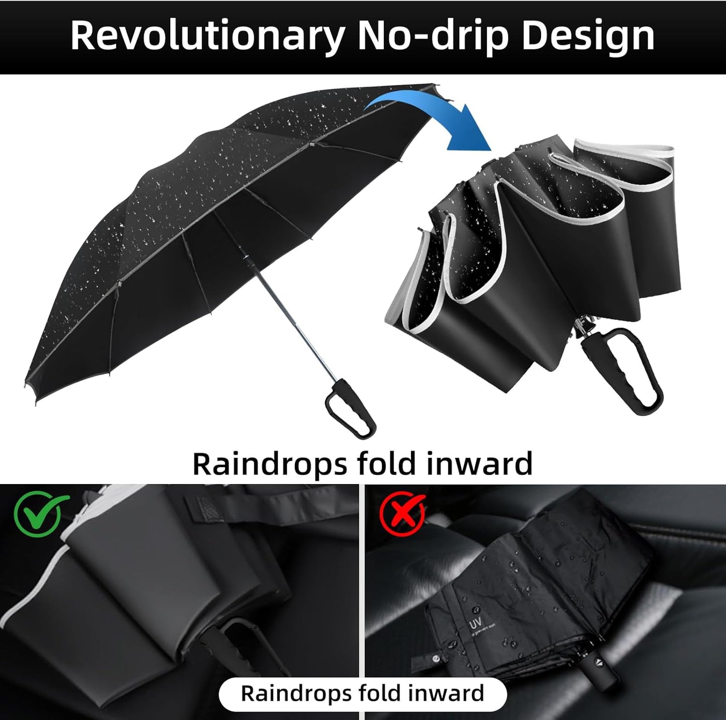 50in Inverted Folding Travel Umbrella – Windproof 10Ribs Upside Down Umbrella with Carabiner Handle, Rain Sun Protection for Women Men (Black)
