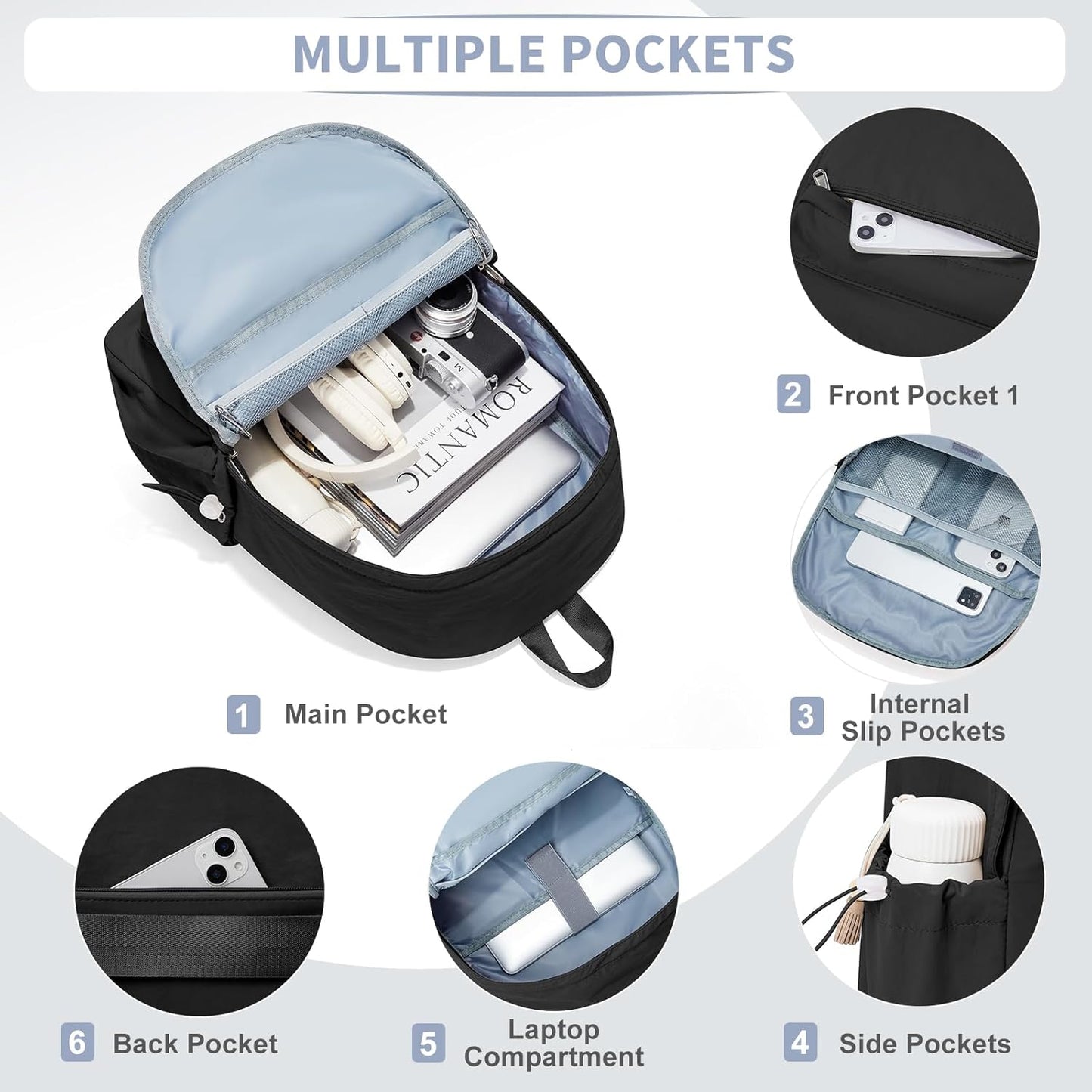 Simple Black School Backpack For Women Men Aesthetic Medium Backpack Lightweight Casual Daypack