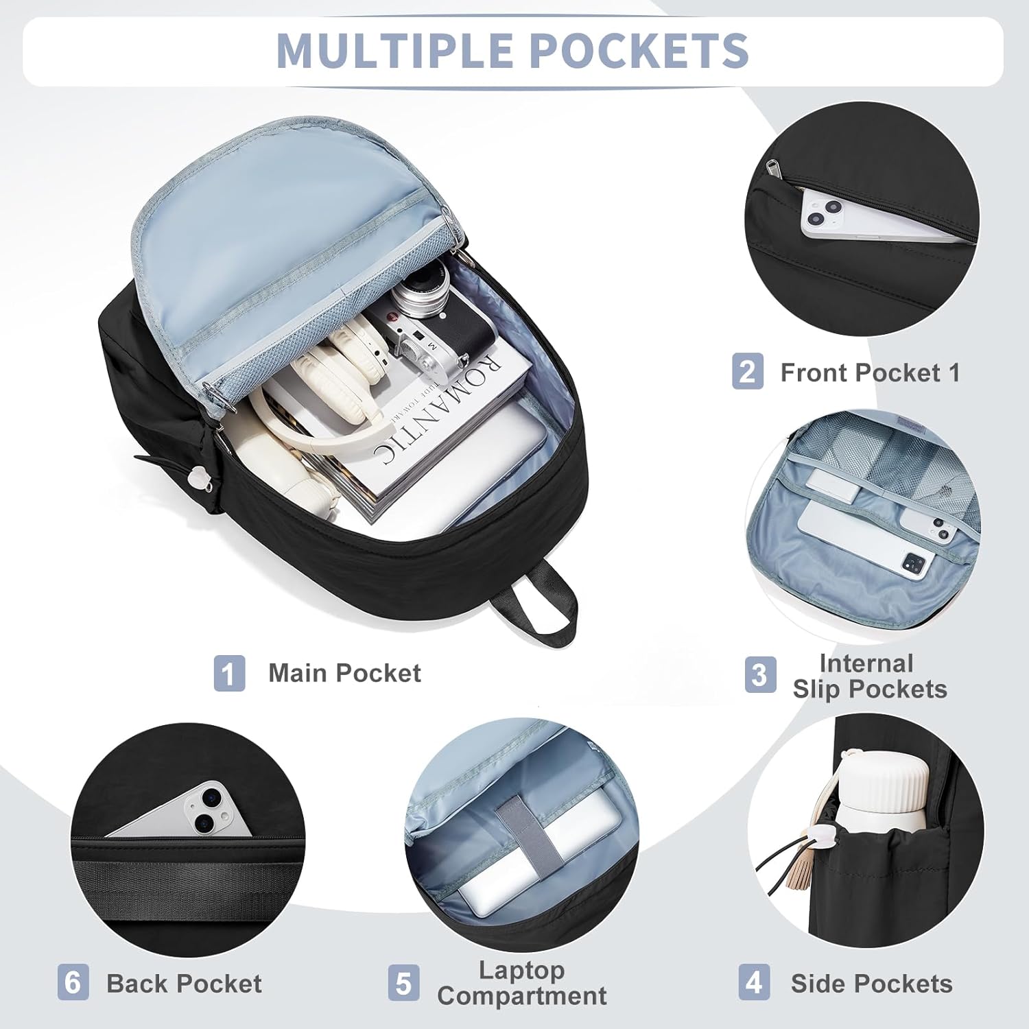 Simple Black School Backpack For Women Men Aesthetic Medium Backpack Lightweight Casual Daypack