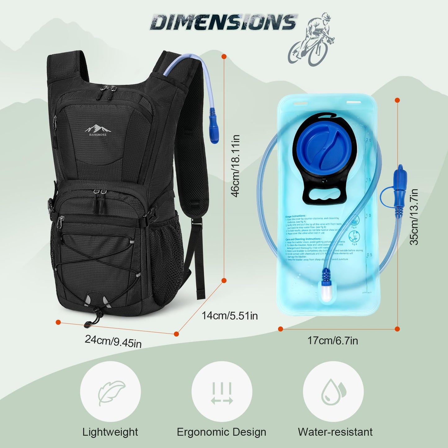RAINSMORE Hydration Backpack with 2L Water Bladder, 15L Lightweight Hiking Backpack for Women & Men