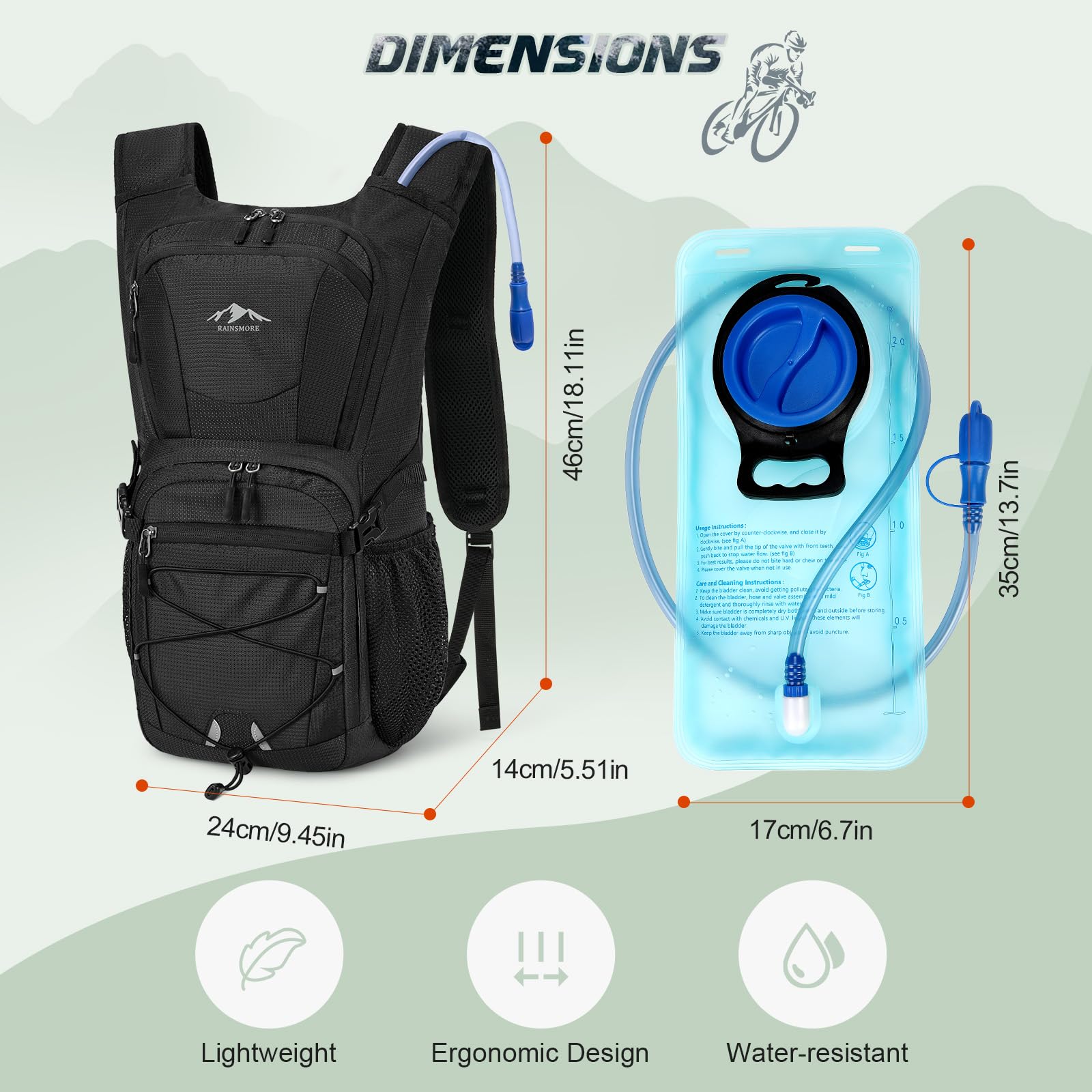 RAINSMORE Hydration Backpack with 2L Water Bladder, 15L Lightweight Hiking Backpack for Women & Men