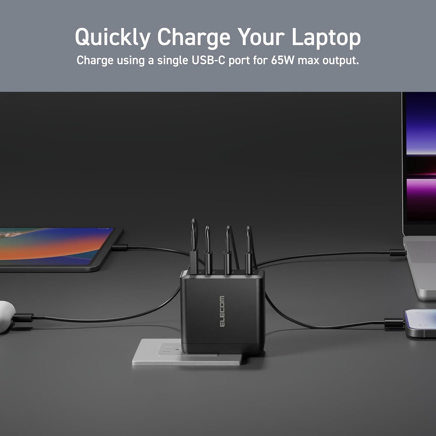 ELECOM 150W USB C Wall Charger Block, 4 Multi Port GaN II Smart PD, Ultra-Fast Charging, Compact Power Adapter for Multiple Devices, Laptops, Tablets, iPhone, iPad, Watch, Speakers, Airpods - Black
