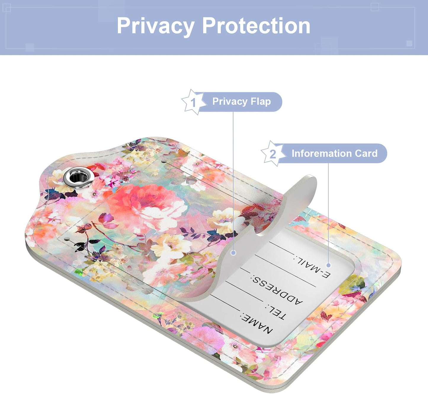 4 Pack PU Leather Luggage Tags for Suitcase, Travel Cruise Luggage Tag with Privacy Flap, Name ID Label and Metal Loop for Women Men Baggage Handbag School Bag Backpack, Daisy Flowers