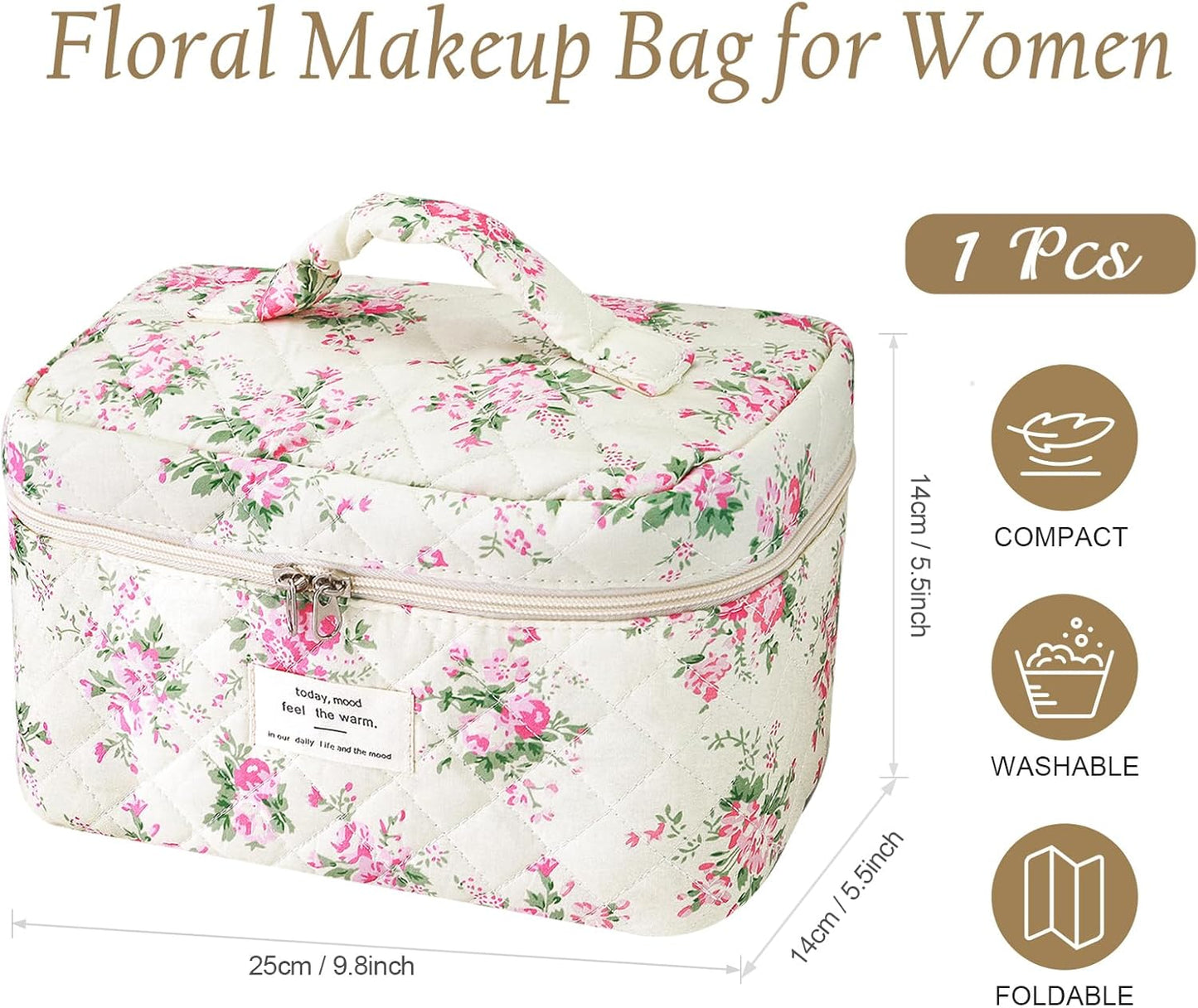 Large Travel Quilted Makeup Bag for Women, Floral Cotton Cosmetic Bag Cute Coquette Aesthetic Floral Toiletry Organizer Bag for Girls Little Pink Flower Cosmetic Zipper Storage Bag