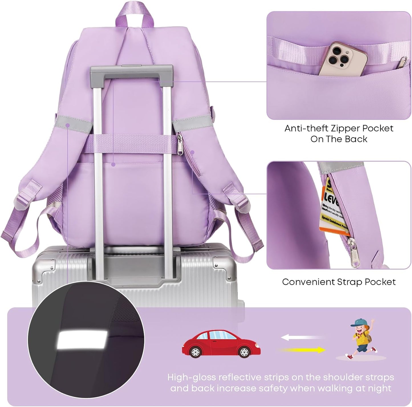 3PCS School Backpack For Student Women College Middle High Teen Girls Bookbag Waterproof Laptop Bag Purple