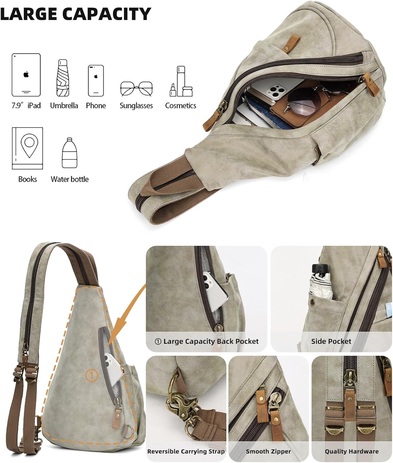 KL928 PU Leather Sling Bag - Small Crossbody Backpack Shoulder Casual Daypack Rucksack for Men Women Outdoor Cycling Hiking Travel (6881-PU-Olive Green)