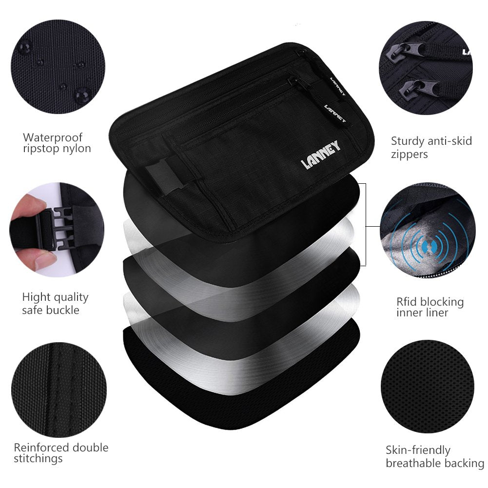 Travel Money Belt RFID Blocking Waist Wallet Waterproof Hidden Stash for Men Women, Under Clothes