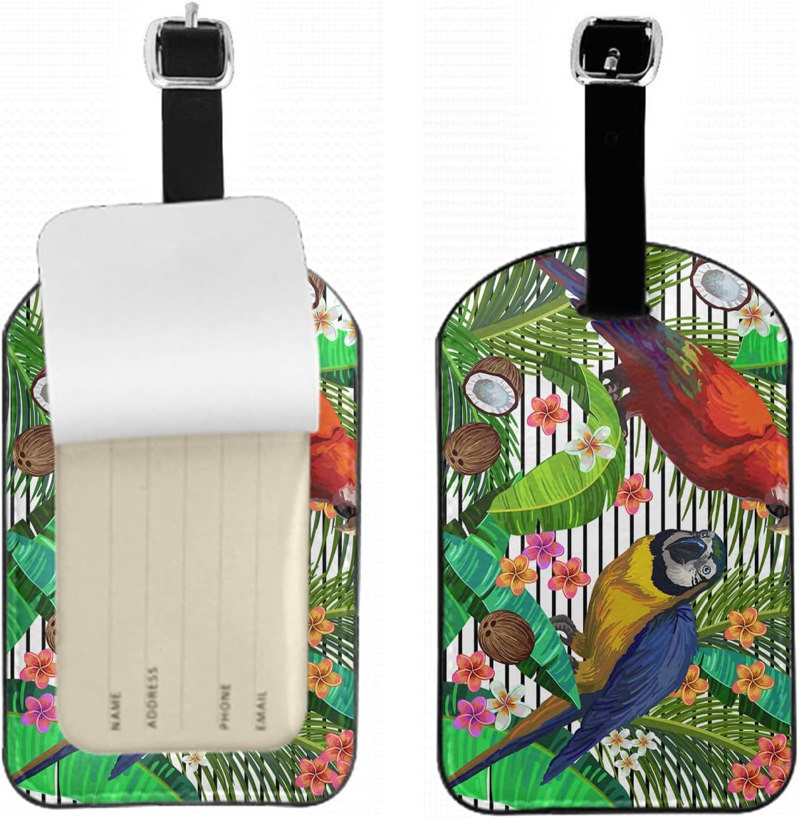 Tropical Parrot Luggage Tag with Full Privacy Cover Blue Golden Macaw Palm Leaves Flowers Coconuts Nut Travel Accessories Tags with Name ID Labels for Suitcases Women Men, 1 Pack
