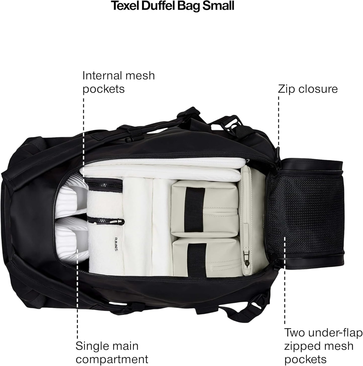 RAINS Texel Duffel Bag Small - Waterproof Green Duffel with U-Shaped Zip Closure, Mesh Pockets, Compression Straps, and Padded Carry Handles - 2 Year Warranty