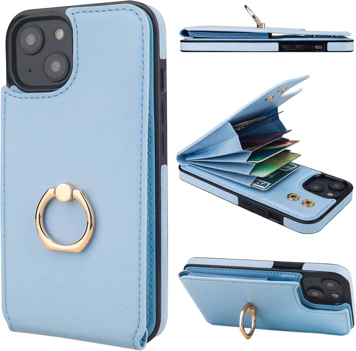 Folosu Compatible with iPhone 14 Plus Case Wallet with Card Holder, 360°Rotation Finger Ring Holder Kickstand, RFID Blocking Leather Protective Double Buttons Shockproof Cover 6.7 Inch Blue